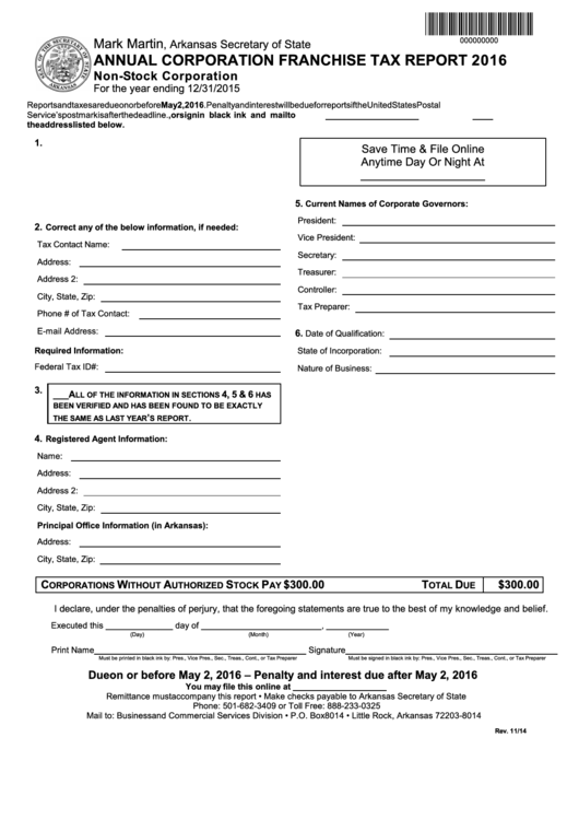 Annual Corporation Franchise Tax Report Non-Stock Corporation - Arkansas Secretary Of State - 2016 Printable pdf