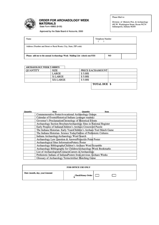 Fillable State Form 49863 - Order For Archaeology Week Materials Printable pdf