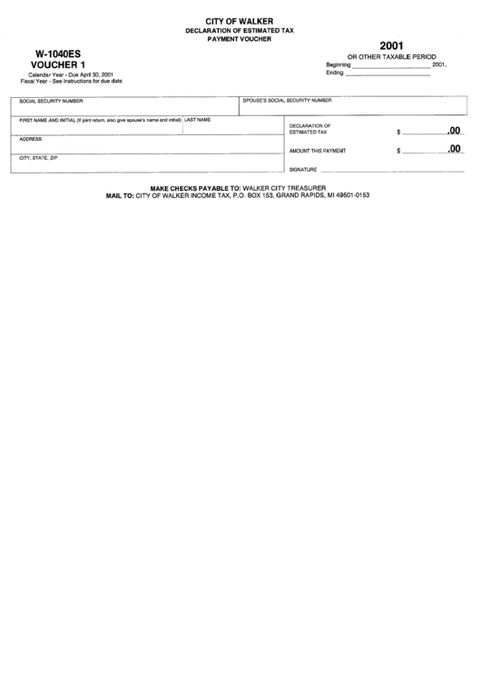 Form W-1040es - Payment Voucher - 2001 Printable pdf