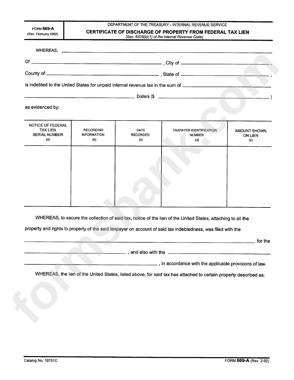 Form 669-A - Certificate Of Discharge Of Property Form Federal Tax Lien