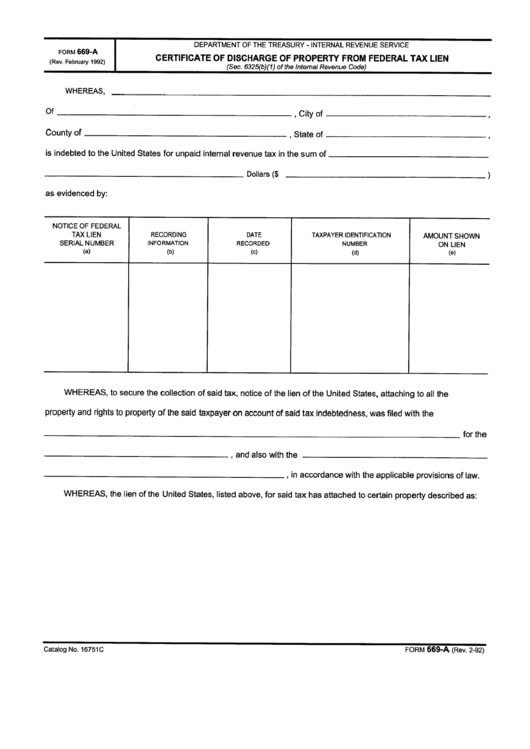 Form 669-A - Certificate Of Discharge Of Property Form Federal Tax Lien Printable pdf