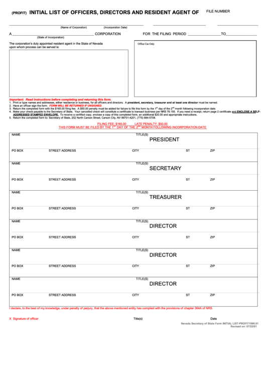 Form Initial List-Profit1999.01 - Initial List Of Officers, Directors And Resident Agent - 2001 Printable pdf