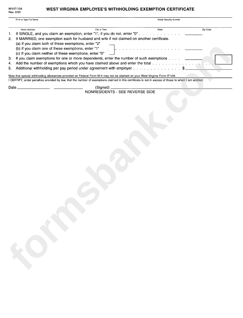 Form Wv it 104 West Virginia Employer S Withholding Exemption Certificate Printable Pdf Download