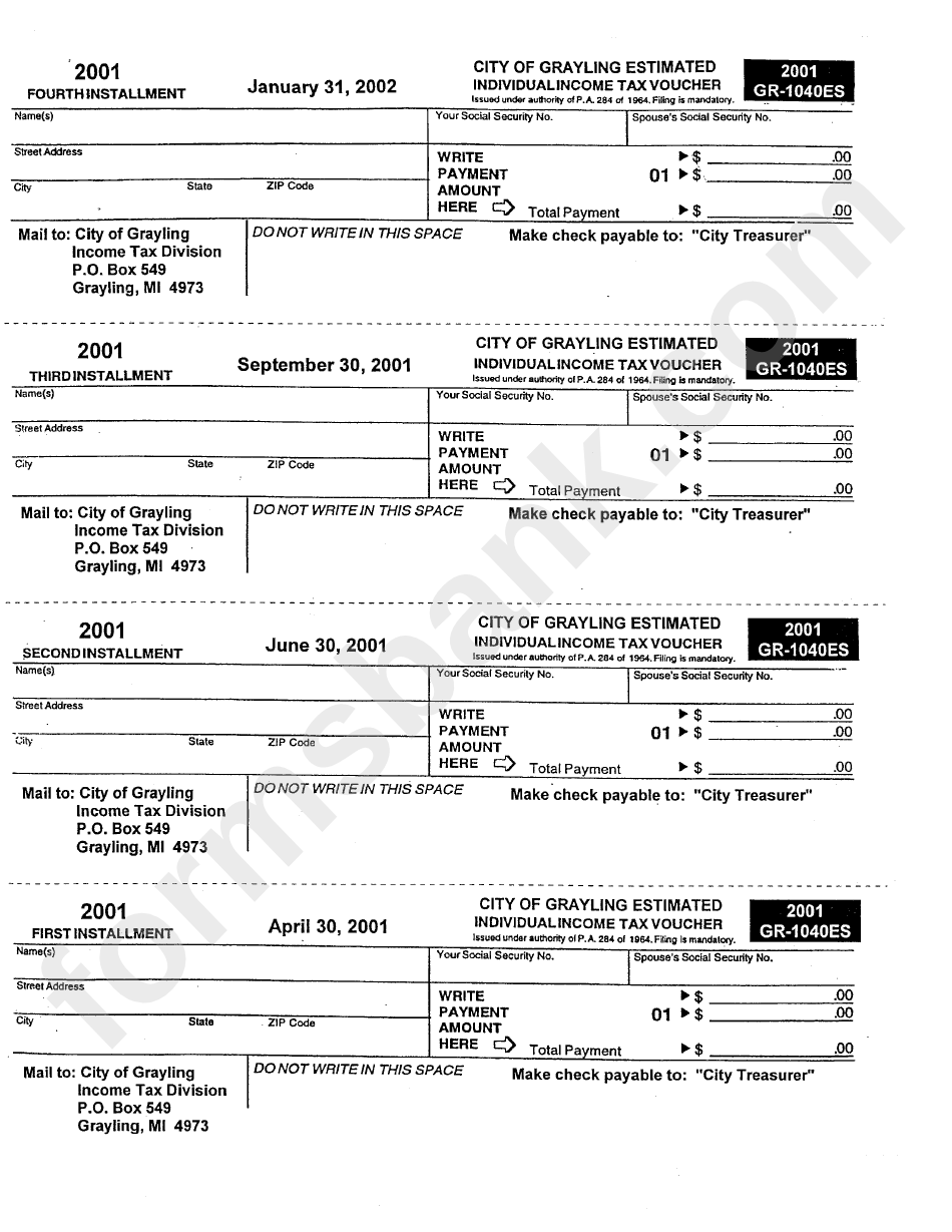Form Gr-1040es - City Of Grayling Estimated Individual Income Tax Voucher - 2001