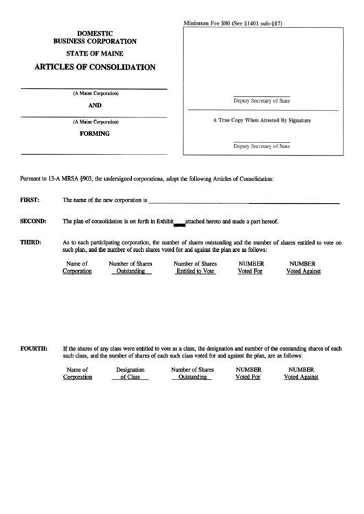 Form Mbca-10a - Domestic Business Corporation - Articles Of Consolidation Printable pdf
