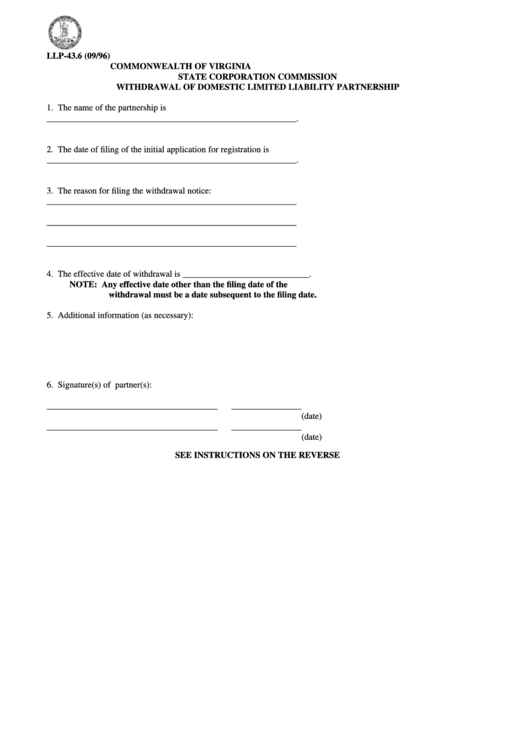 Form Llp-43.6 - Withdrawal Of Domestic Limited Liability Partnership - 1996 Printable pdf