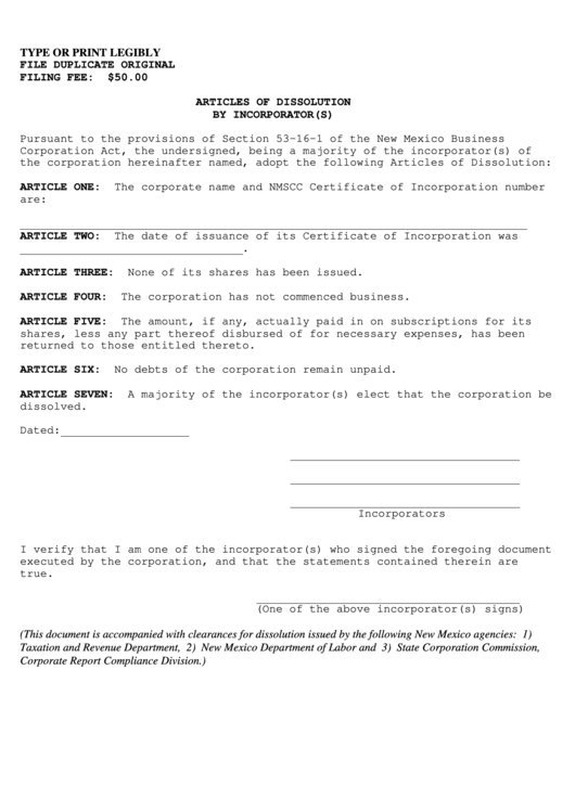 Articles Of Dissolution By Incorporator(S) - State Of New Mexico Printable pdf