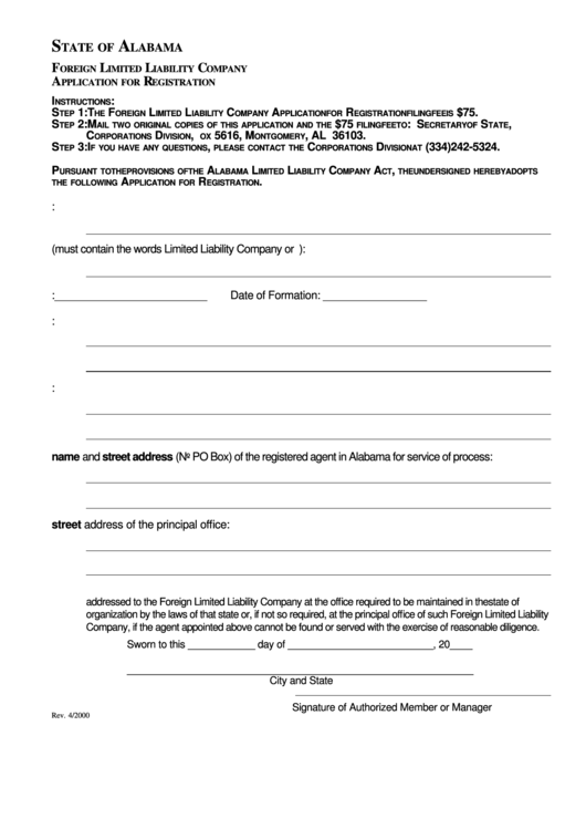 Foreign Limited Liability Company Application For Registration Form - State Of Alabama Printable pdf