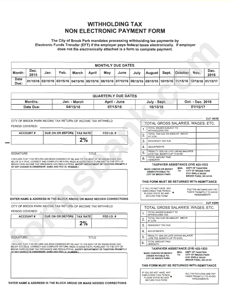 Withholding Tax Non Electronic Payment Form - City Of Brook Park