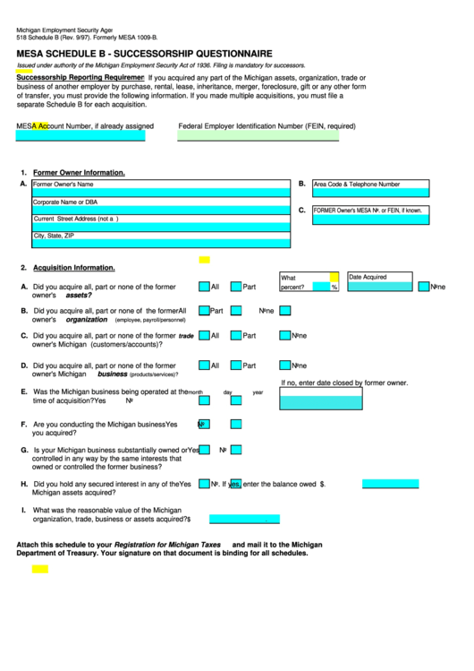Mesa Schedule B (Form 518) - Successorship Questionnaire Printable pdf