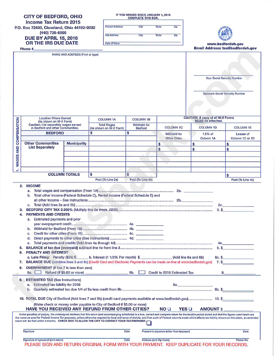Income Tax Return - City Of Bedford - 2015