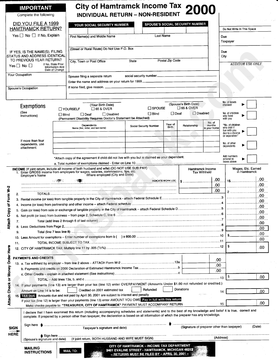 City Of Hamtramck Income Tax Form - Individual Return-Non-Resident - 2000