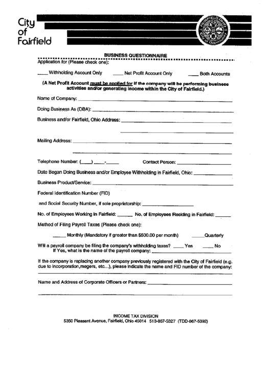 Business Questionnaire Form - City Of Fairfield Printable pdf