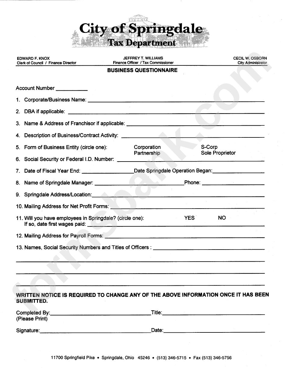 Business Questionnaire Form - City Of Springdale