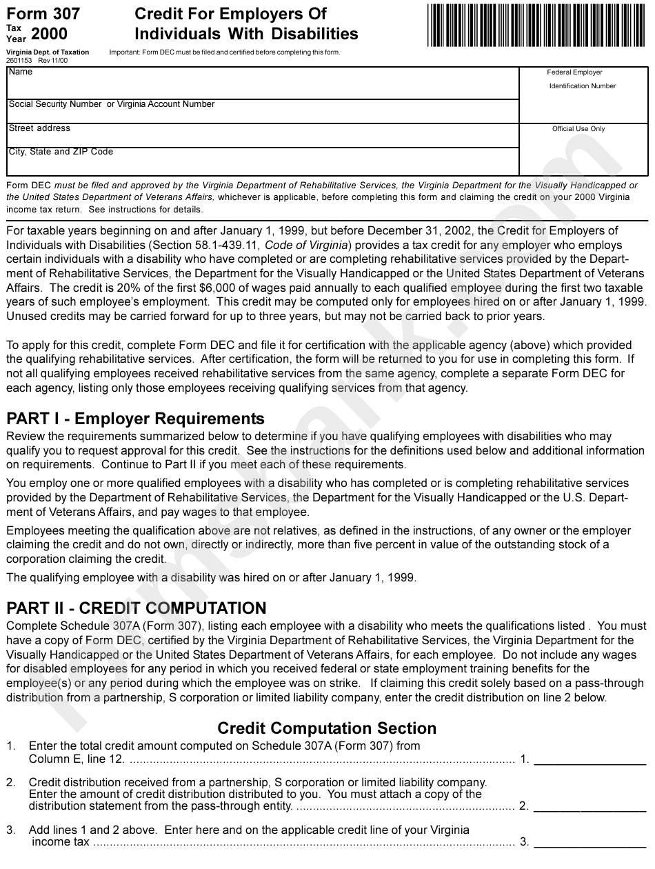 Form 307 - Credit For Employers Of Individuals With Disabilities - 2000