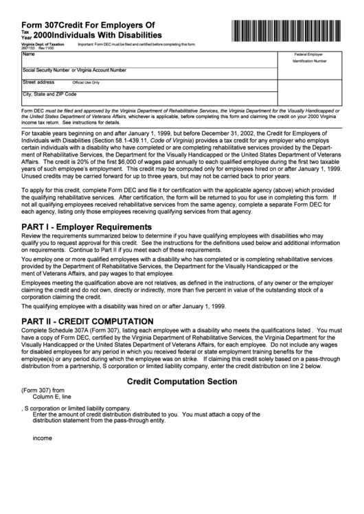 Form 307 - Credit For Employers Of Individuals With Disabilities - 2000 Printable pdf