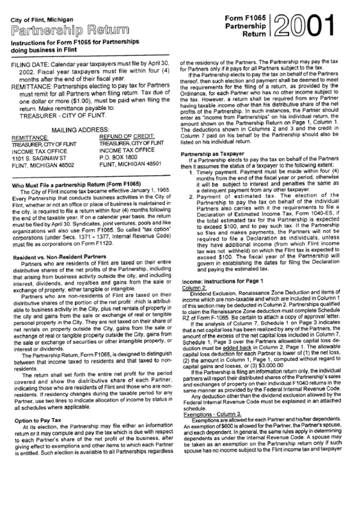 Instructions For Form F1065 - Partnership Return - City Of Flint - 2001 Printable pdf