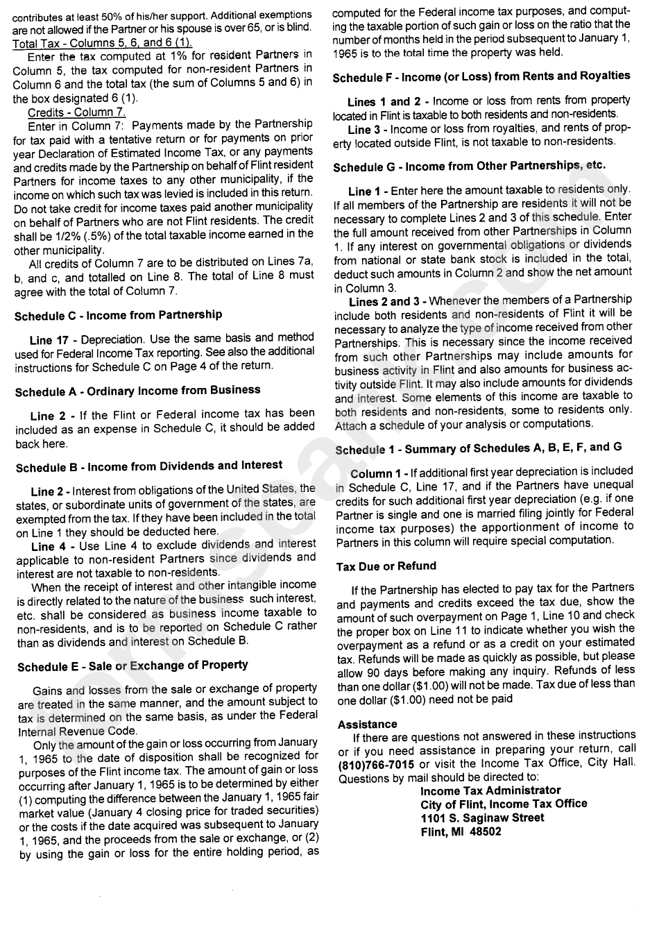 Instructions For Form F1065 - Partnership Return - City Of Flint - 2001