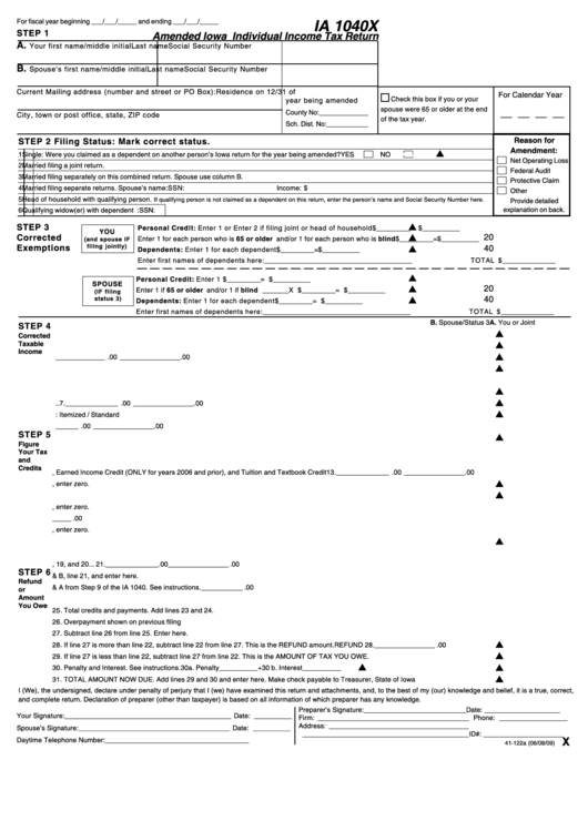 Form Ia 1040x - Amended Iowa Individual Income Tax Return Printable pdf