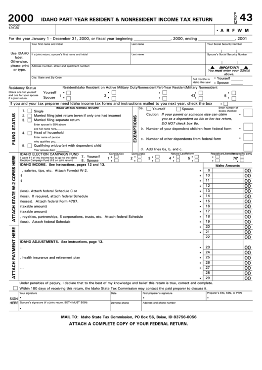 Form 43 - Idaho Part-Year Resident And Nonresident Income Tax Return - 2000 Printable pdf