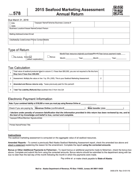 Form 578 - Seafood Marketing Assessment Annual Return - 2015 Printable pdf