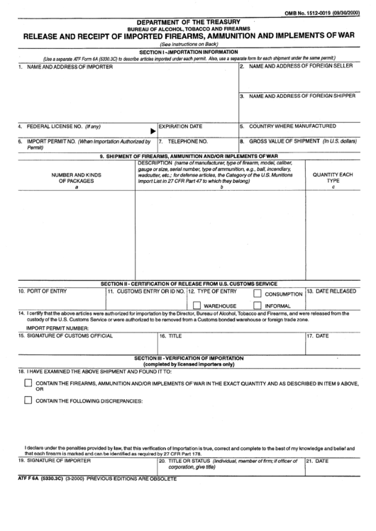Form Atf F 6a (5330.3c) - Release And Receipt Of Imported Firearms, Ammunition And Implements Of War - Department Of The Treasury Printable pdf