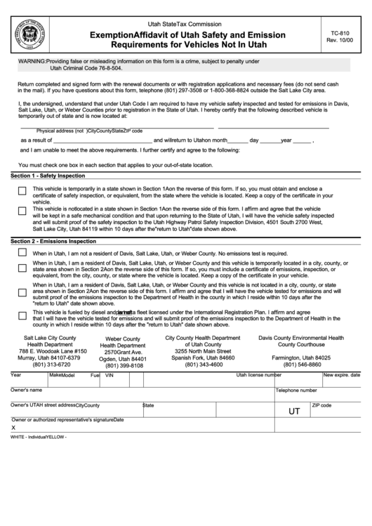 Form Tc-810 - Exemption Affidavit Of Utah Safety And Emission Requirements For Vehicles Not In Utah - 2000 Printable pdf