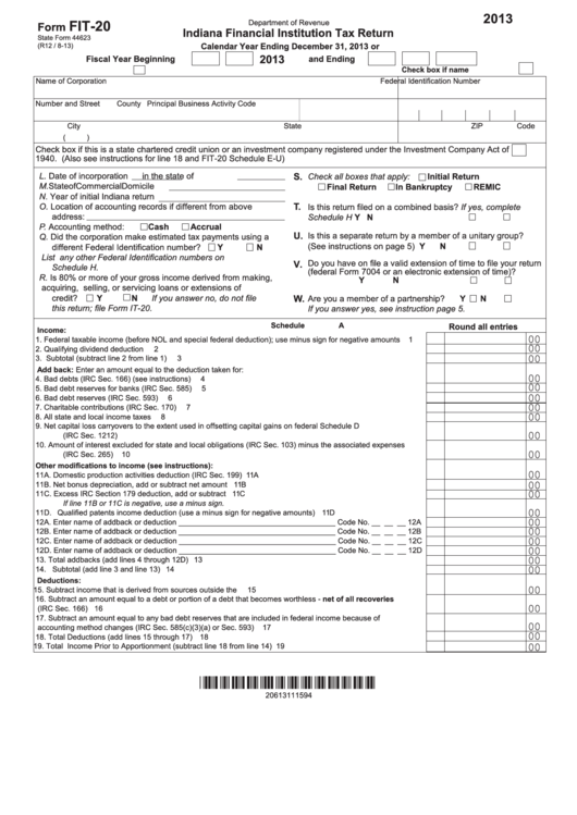 Form Fit-20 - Indiana Financial Institution Tax Return - 2013 Printable pdf
