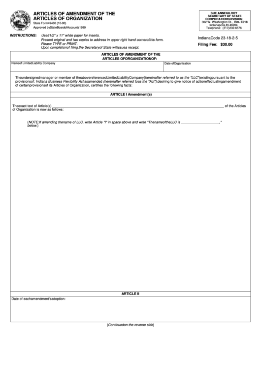 Fillable State Form 49460 - Articles Of Amendment Of The Articles Of Organization - 2000 Printable pdf