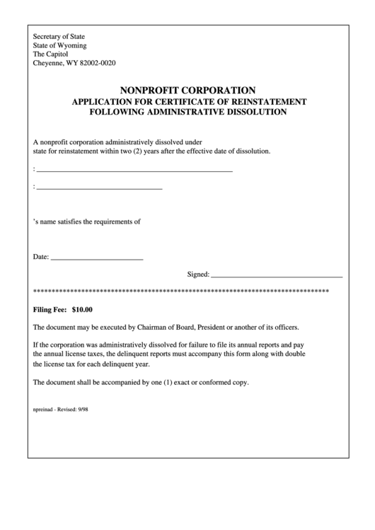 Nonprofit Corporation Application For Certificate Of Reinstatement Following Administrative Dissolution - Wyoming Secretary Of State Printable pdf
