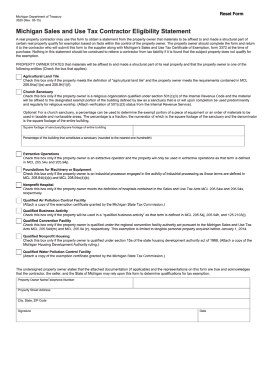 Fillable Form 3520 - Michigan Sales And Use Tax Contractor Eligibility Statement Printable pdf