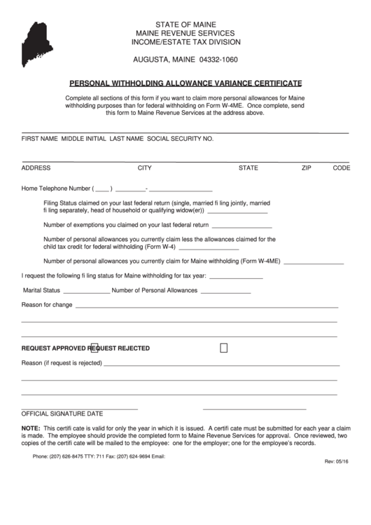Personal Withholding Allowance Variance Certificate Form Printable pdf