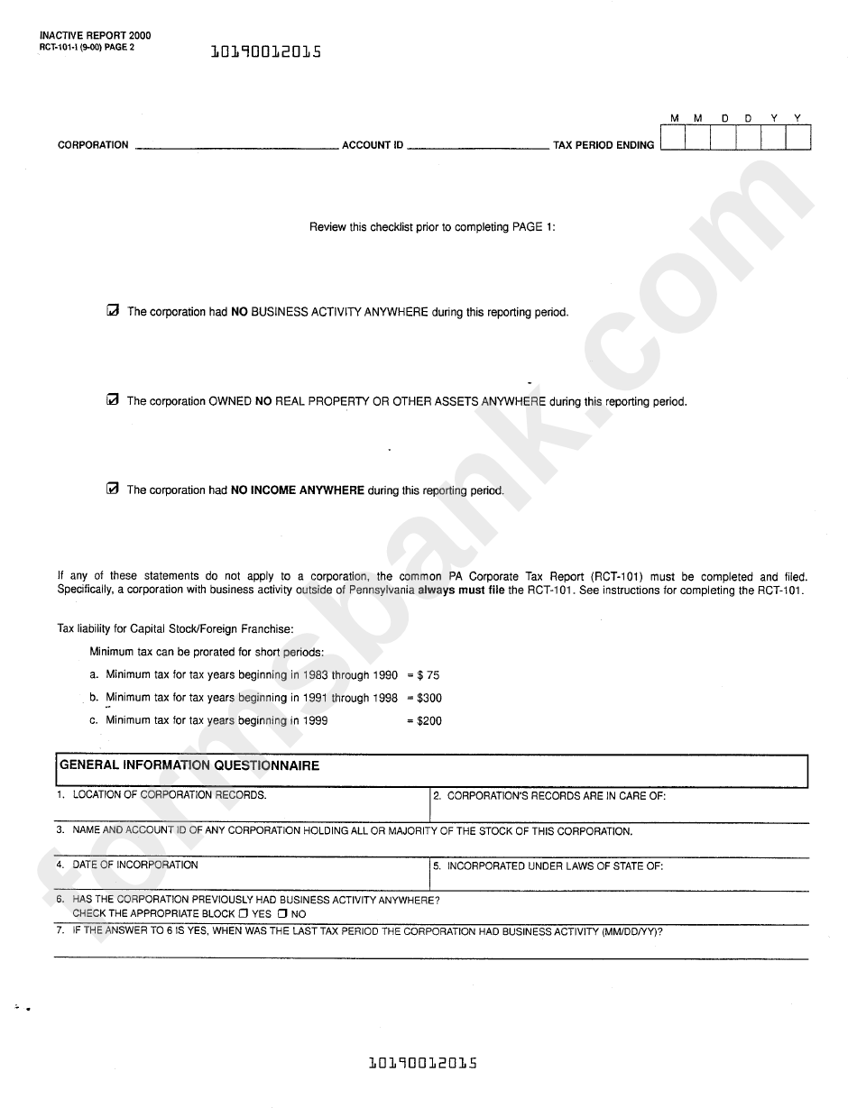 Form Rct-101-I - Inactive Pa Corporate Tax Report