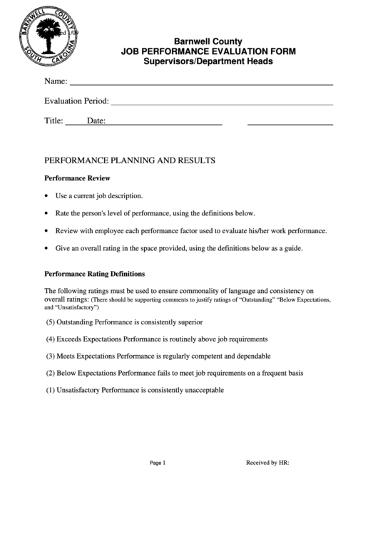 Job Performance Evaluation Form - Barnwell County Printable pdf