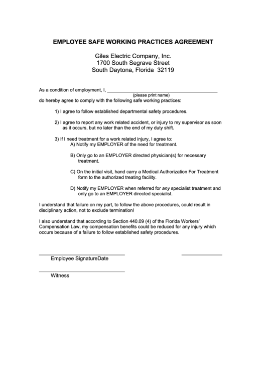 Employee Safe Working Practices Agreement Template Printable pdf
