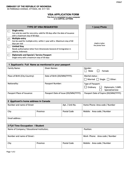 Fillable Visa Application Form - Embassy Of The Republic Of Indonesia