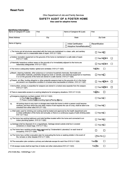 Fillable Form Jfs 01348 - Safety Audit Of A Foster Home Printable pdf