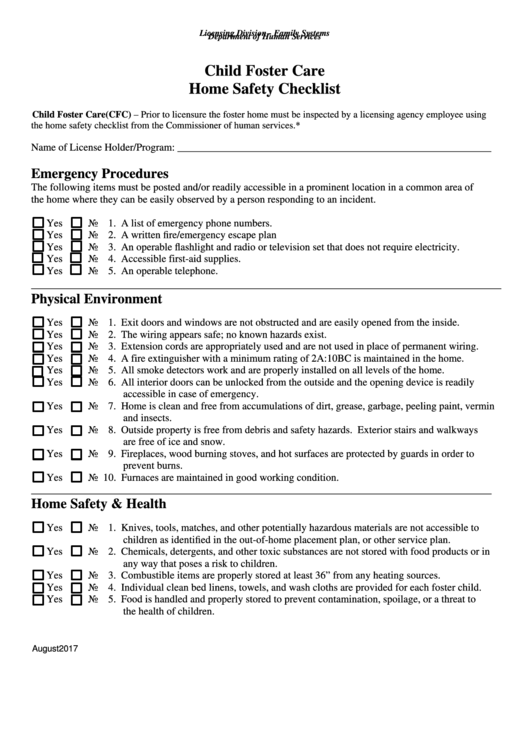 Child Foster Care Home Safety Checklist - Department Of Human Services Printable pdf