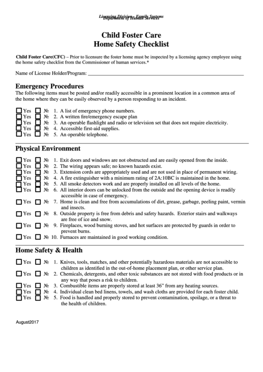 Child Foster Care Home Safety Checklist Department Of Human Services 