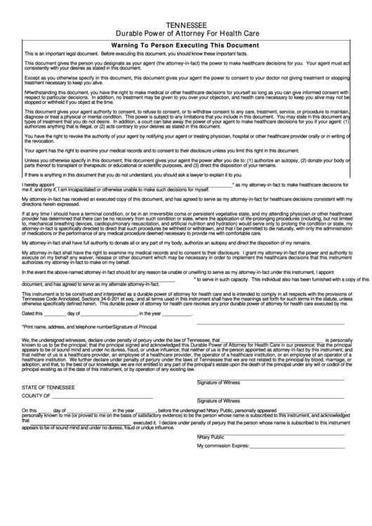 Fillable Tennessee Durable Power Of Attorney For Health Care printable