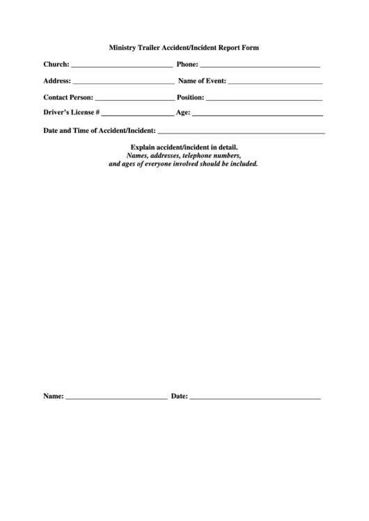 Ministry Trailer Accident/incident Report Form Printable pdf