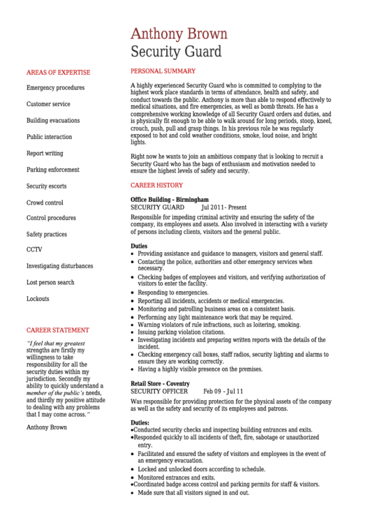Sample Security Guard Resume Template Printable pdf