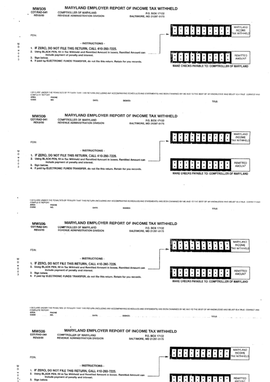 Form Mw506 - Maryland Employer Report Of Income Tax Withheld Printable pdf