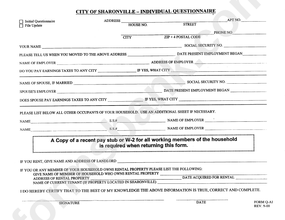 Form Q-Ai - City Of Sharonville - Individual Questionnaire