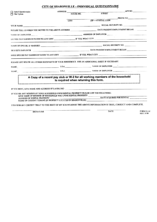 Form Q-Ai - City Of Sharonville - Individual Questionnaire Printable pdf