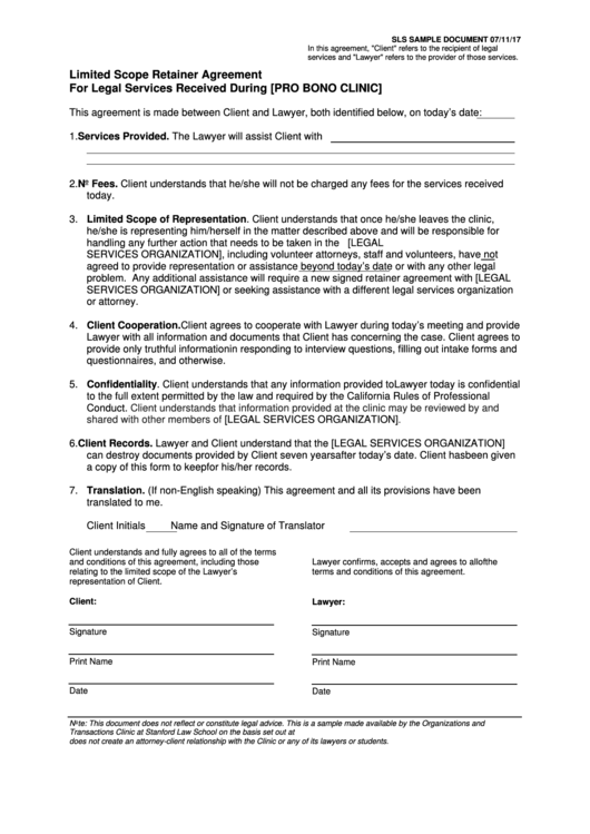 Limited Scope Retainer Agreement For Legal Services Received (Pro Bono Clinic) Printable pdf