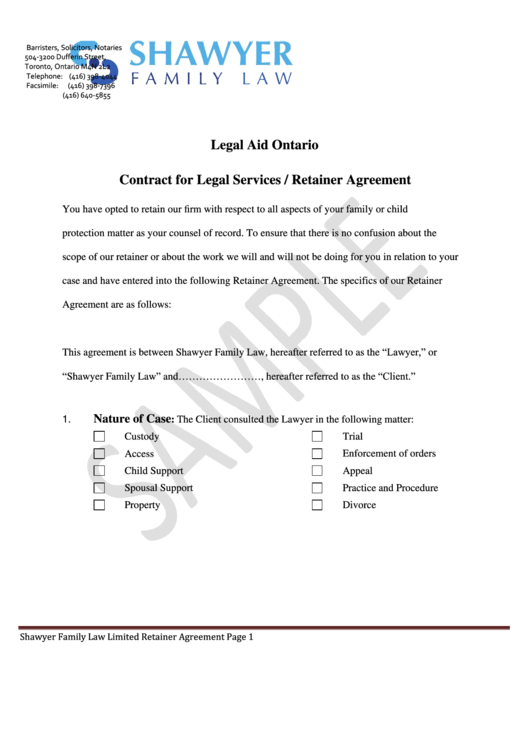 Legal Aid Ontario - Contract For Legal Services/retainer Agreement Template Printable pdf