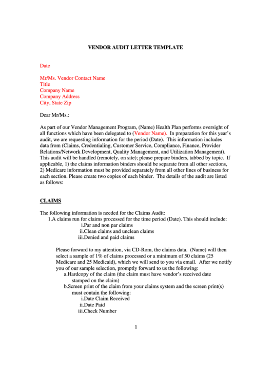 Vendor Audit Letter Template Printable pdf