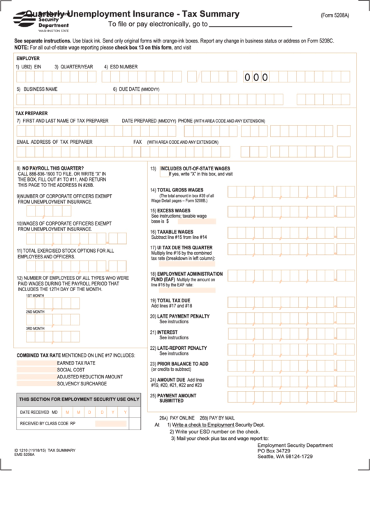 Form 5208a - Quarterly Unemployment Insurance - Tax Summary Printable pdf