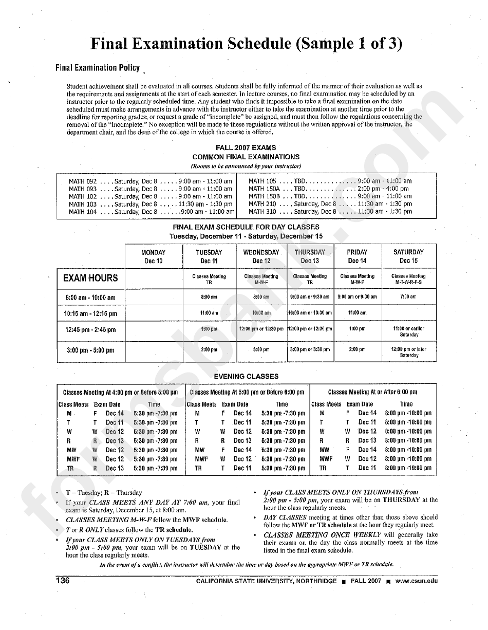 Final Examination Schedule Sample printable pdf download